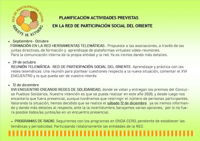 ACTIVIDADES PREVISTAS EN LA RED DE PARTICIPACIÓN SOCIAL DEL ORIENTE