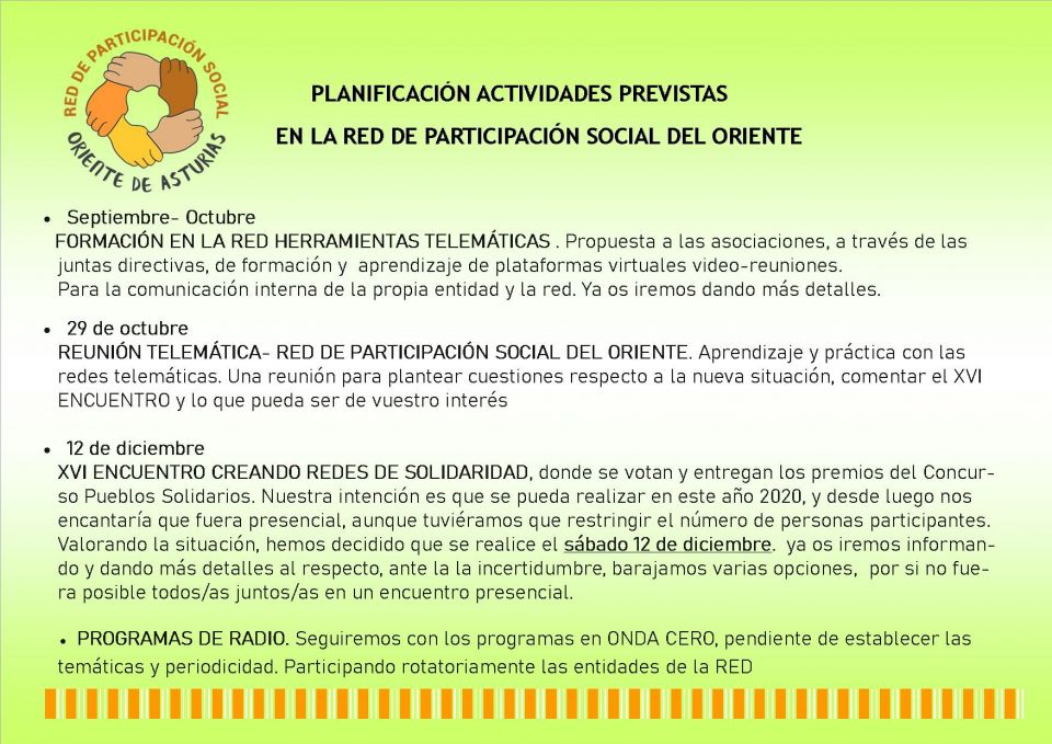 ACTIVIDADES PREVISTAS EN LA RED DE PARTICIPACIÓN SOCIAL DEL ORIENTE
